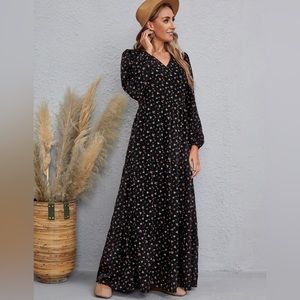 Ditsy rose button down maxi dress black